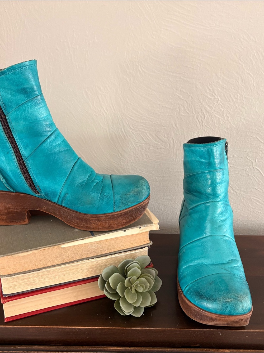 Turquoise Leather Ankle Booties with Wooden Platform